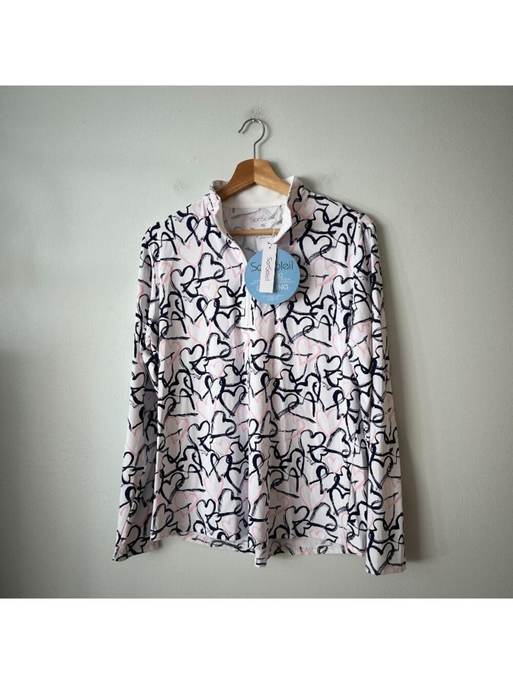 NWT San Soleil UV 50+ Cooling 1/4- Zip Mock Pullover Blue Heart Women's Size XL